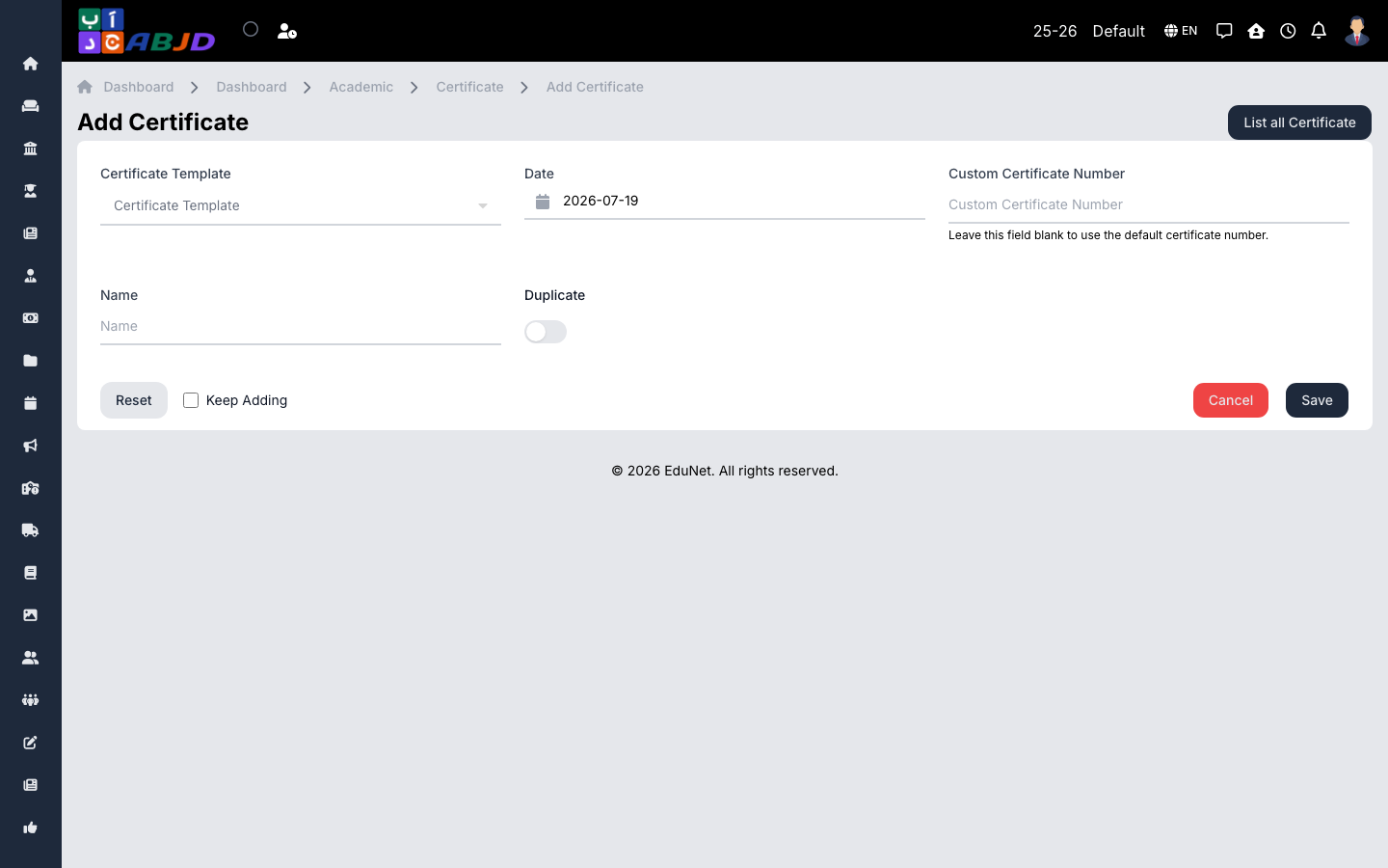 Issue certificate form