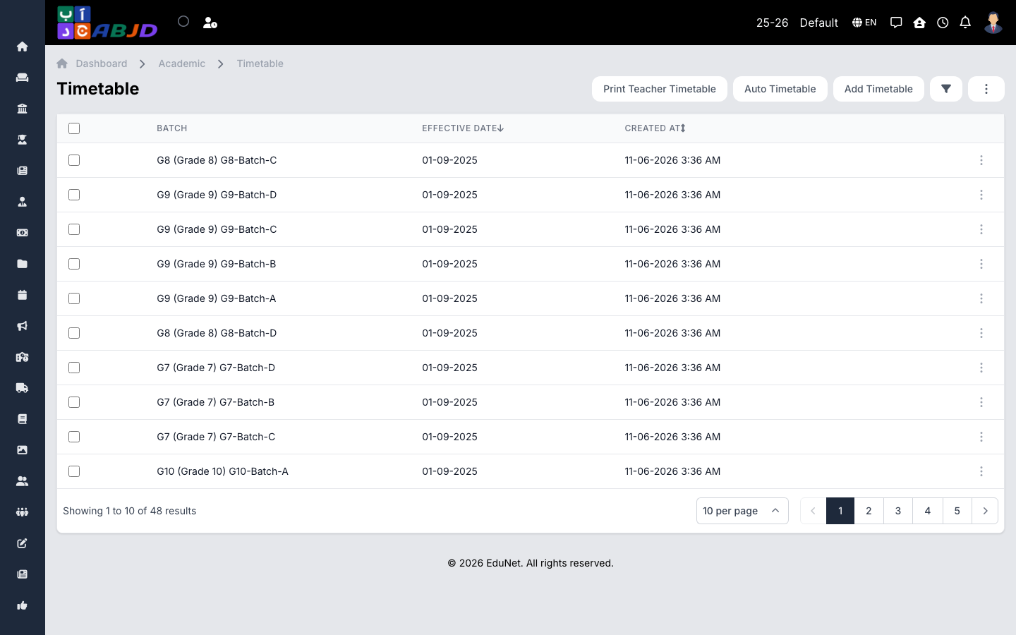 Timetables list