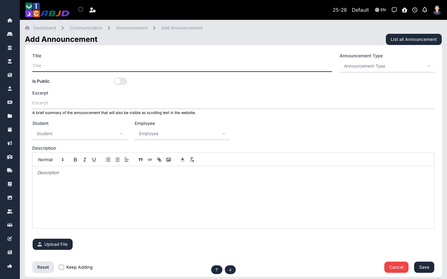 Add announcement form
