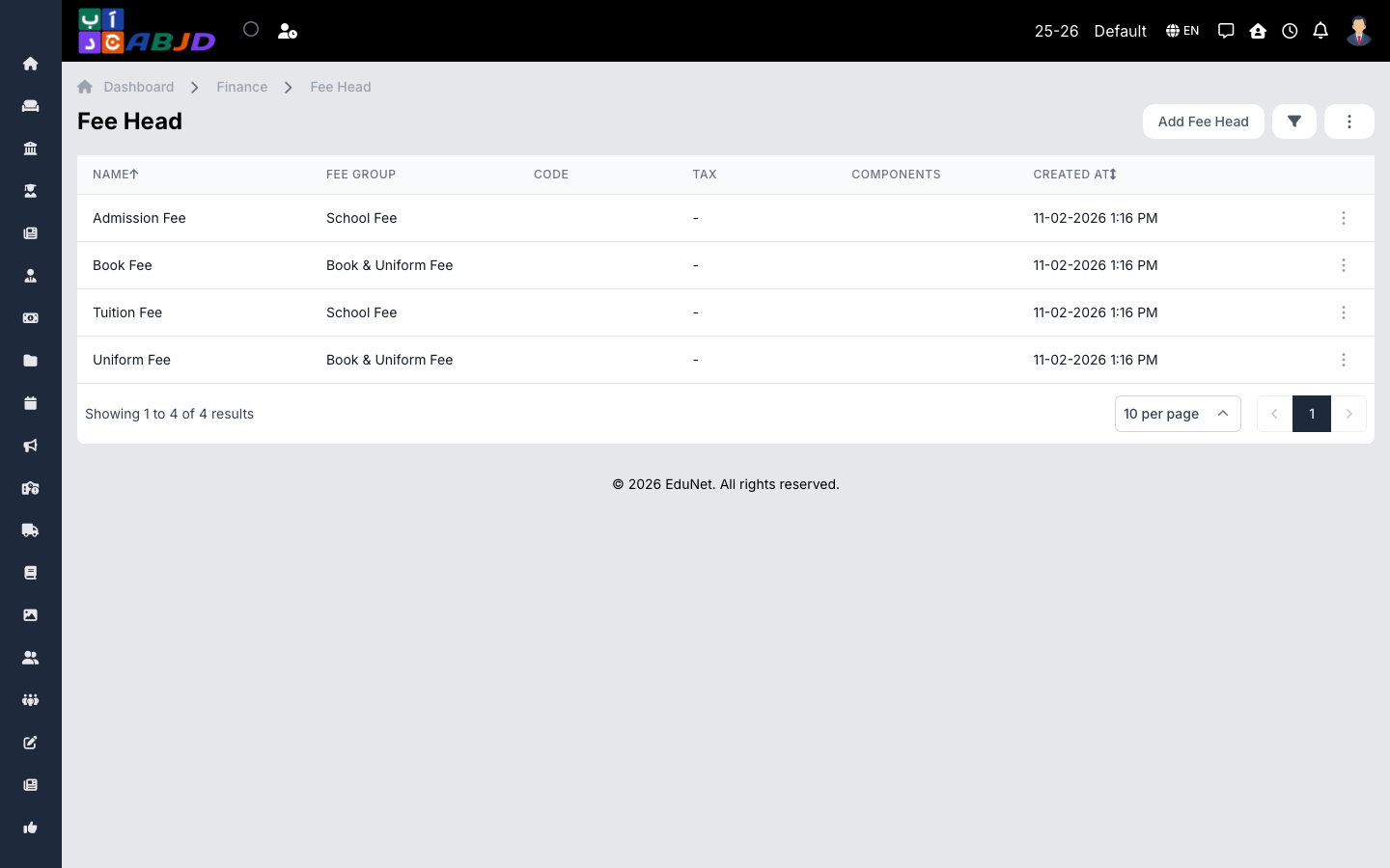 Fee heads list