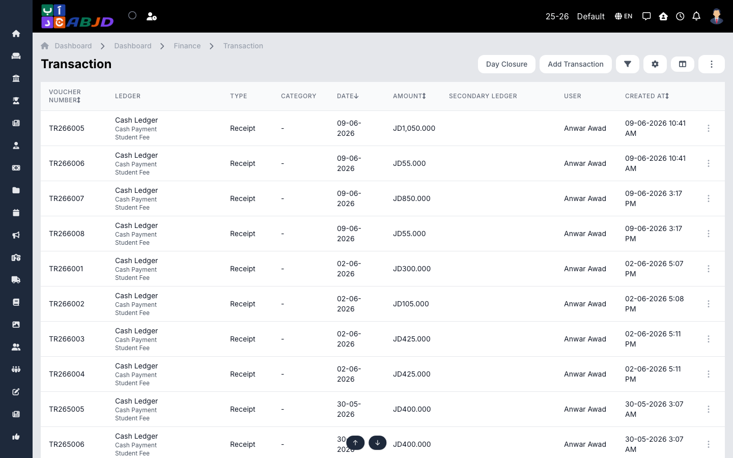 Transactions list
