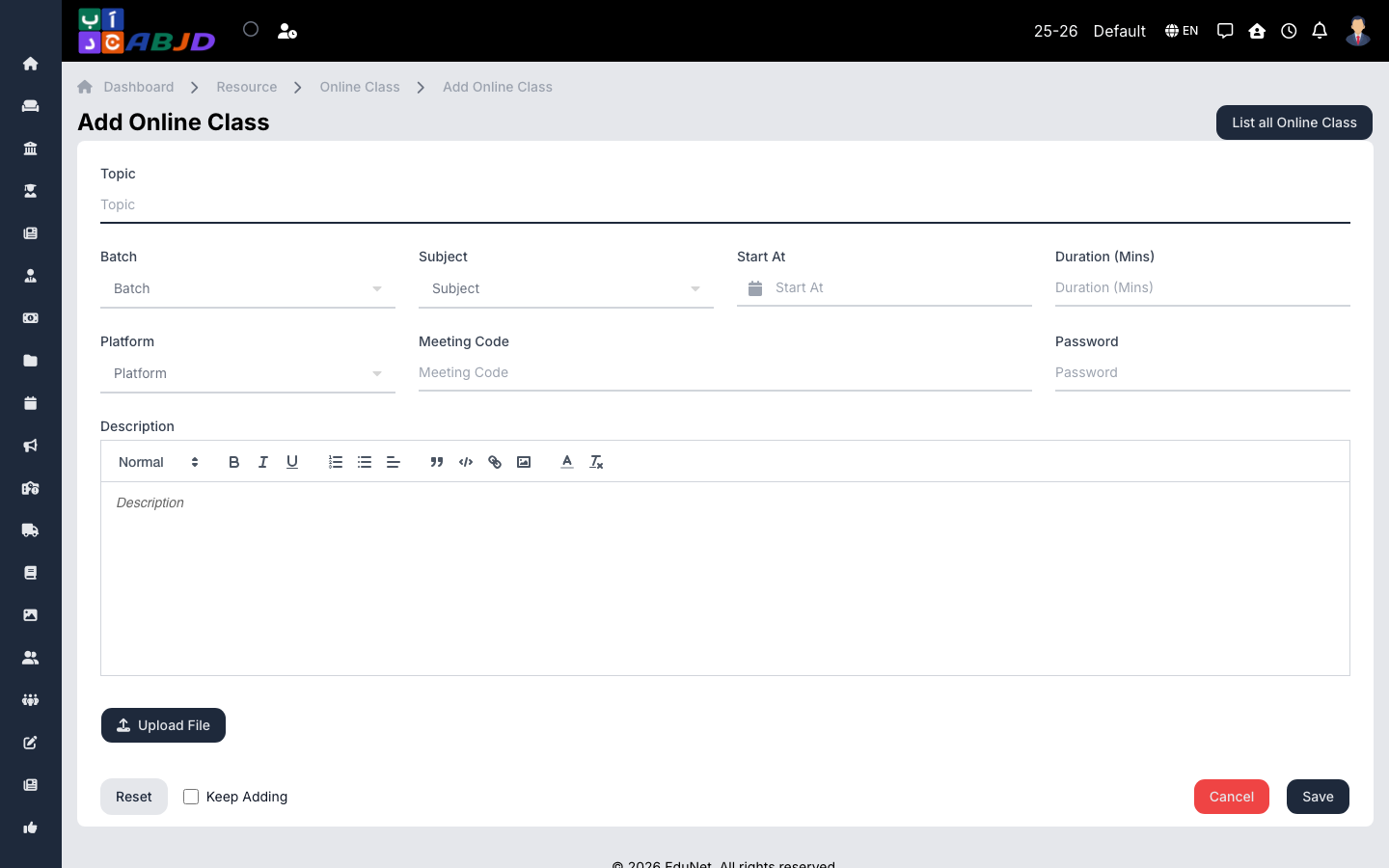 Add online class form