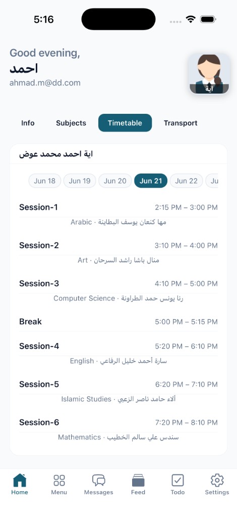 Daily timetable